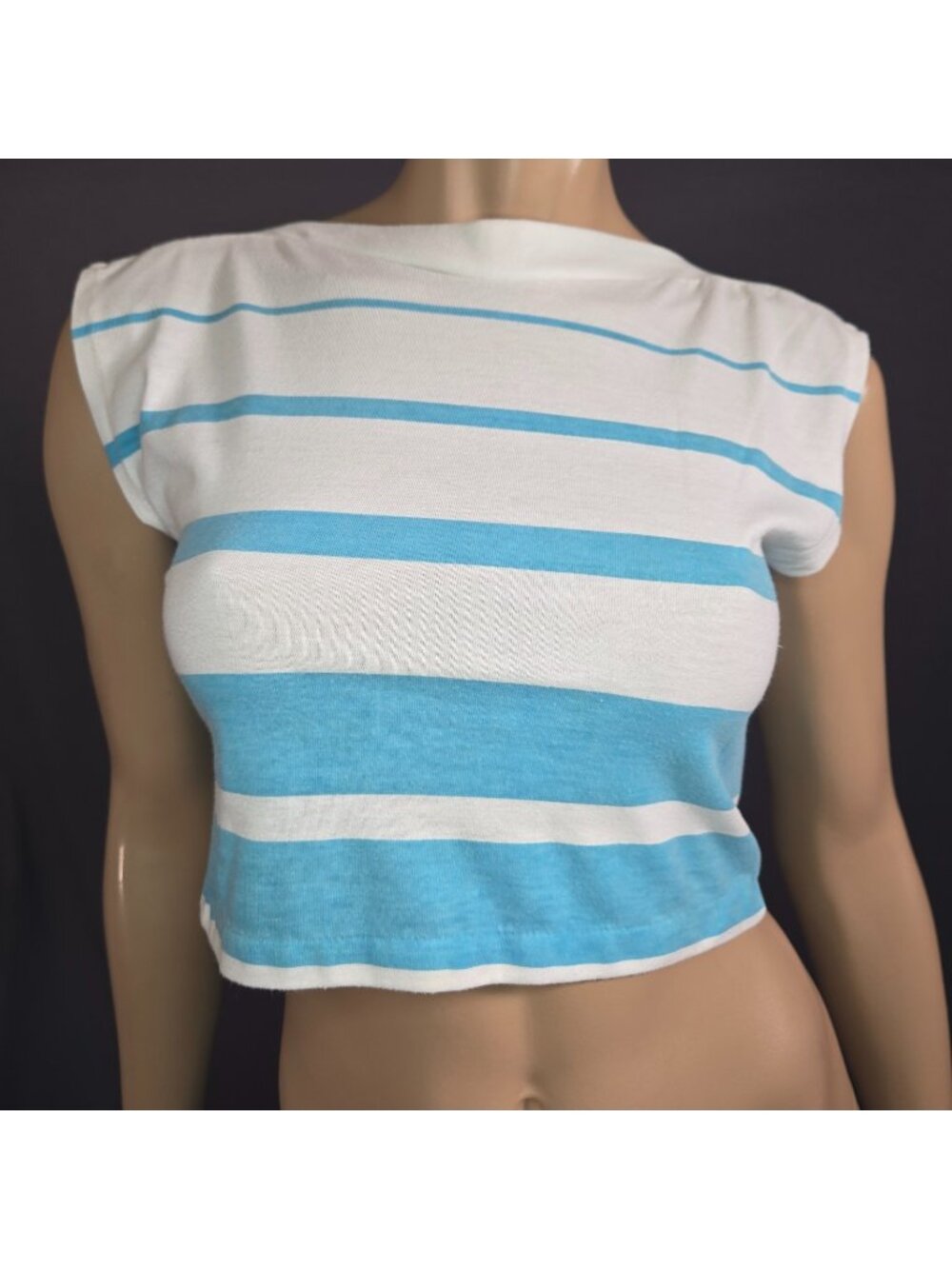 Vintage 80s Cropped  T Shirt Womens S Blue White Striped sleeveless Boat Neck
